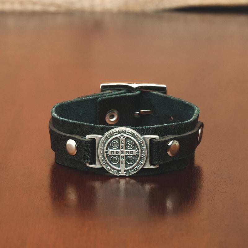 Intercession St Benedict Genuine Leather Protection Bracelet - Made in Brazil (Large - Black) - Image 2